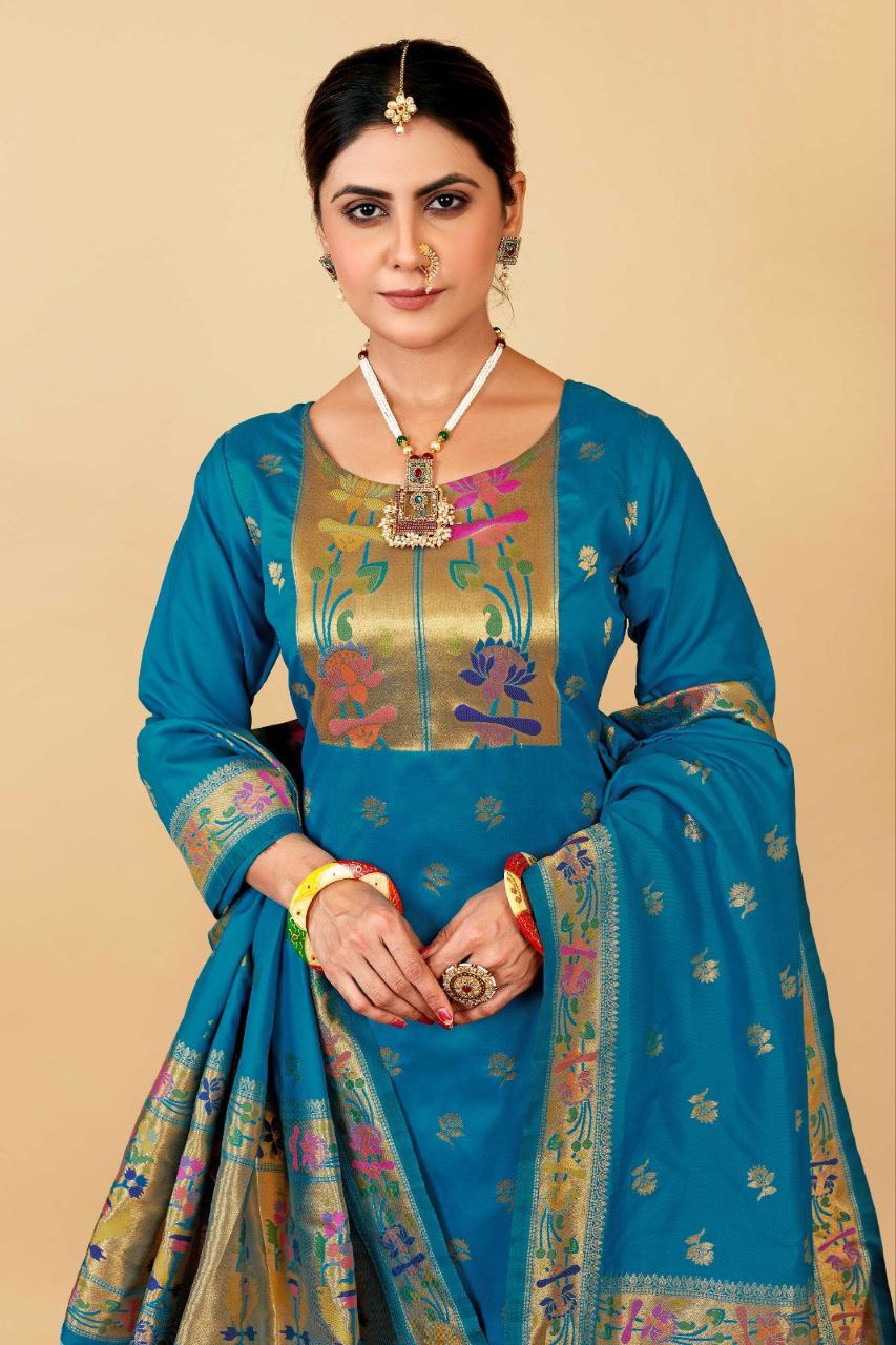 Blue Weaving Soft Silk Long Length Paithani Suit