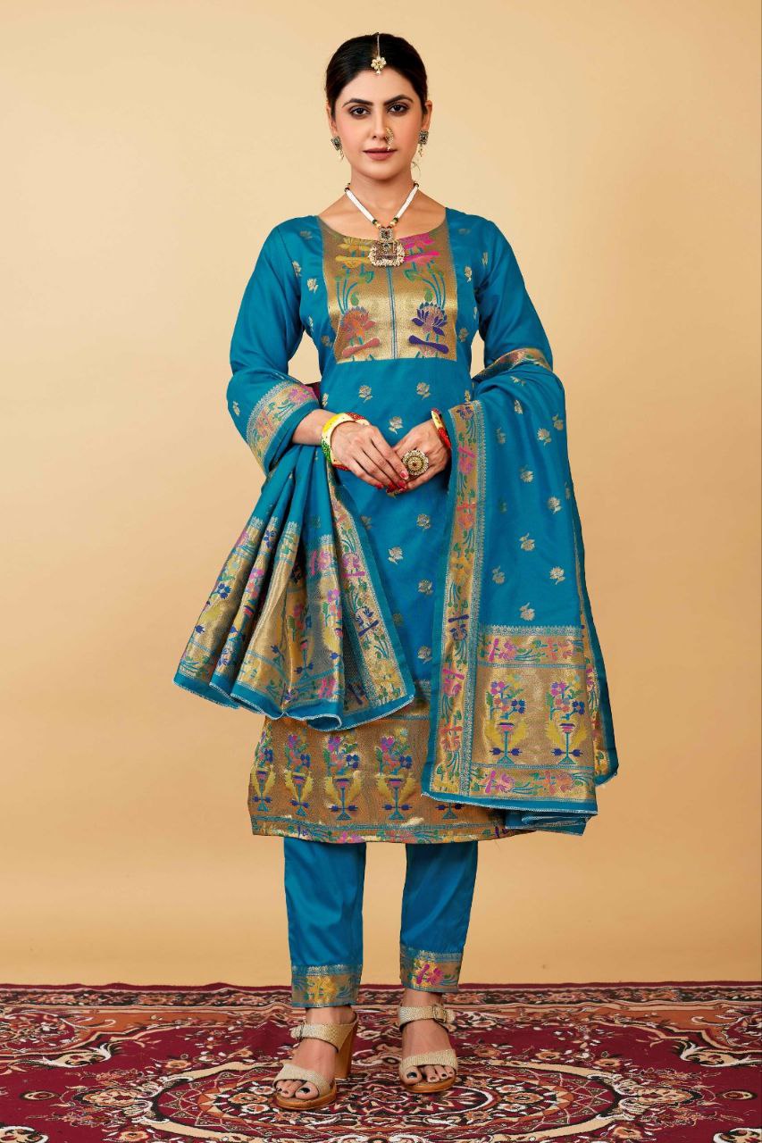 Blue Weaving Soft Silk Long Length Paithani Suit