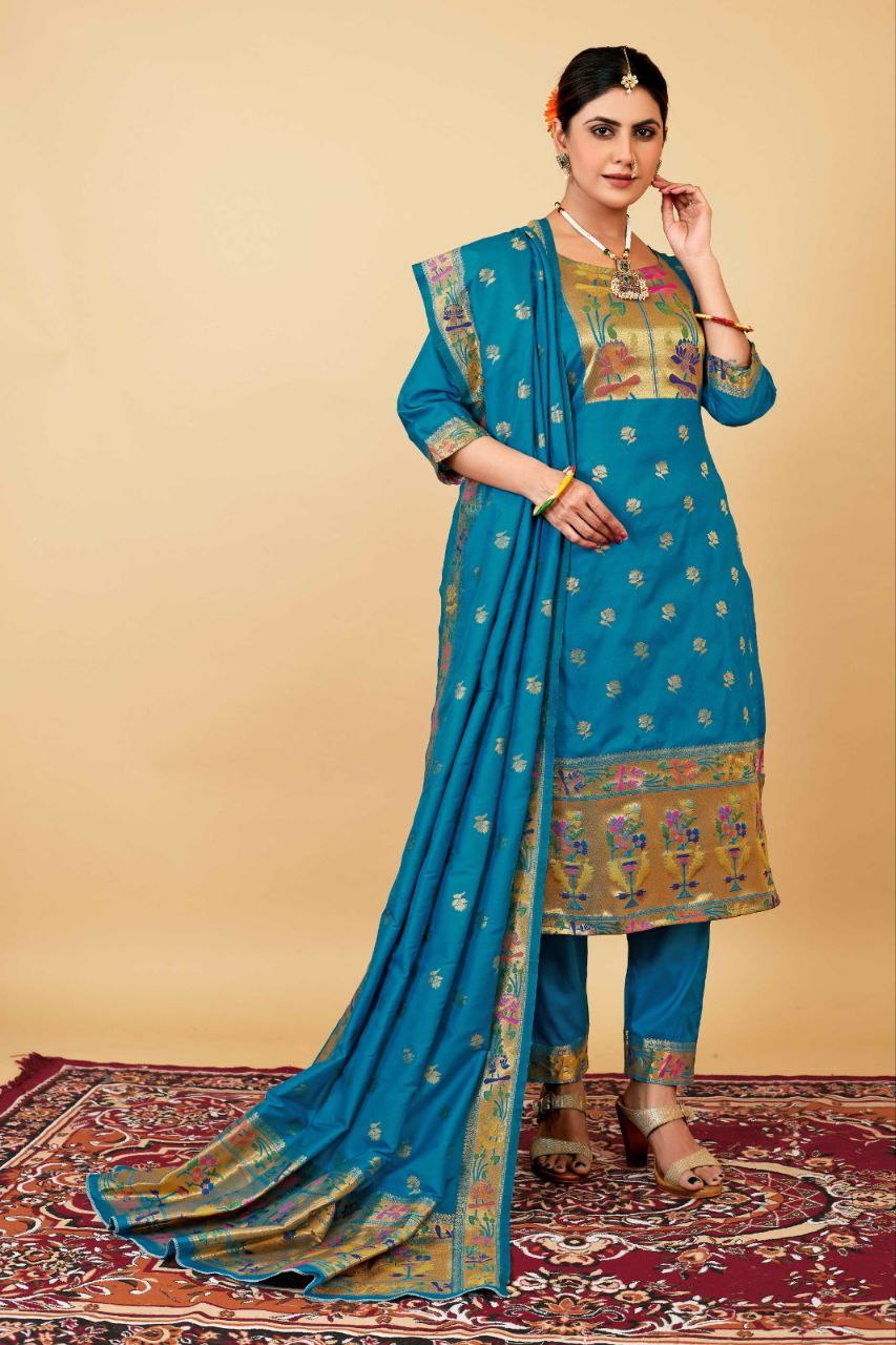 Blue Weaving Soft Silk Long Length Paithani Suit