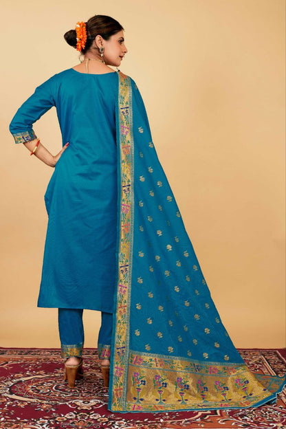 Blue Weaving Soft Silk Long Length Paithani Suit