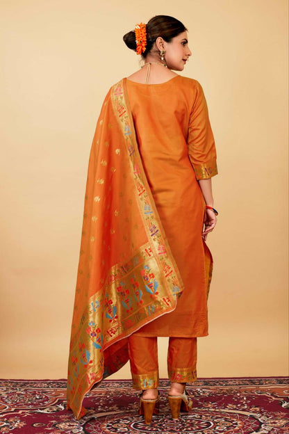 Mustard Weaving Soft Silk Long Length Paithani Suit