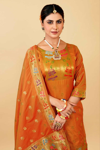 Mustard Weaving Soft Silk Long Length Paithani Suit