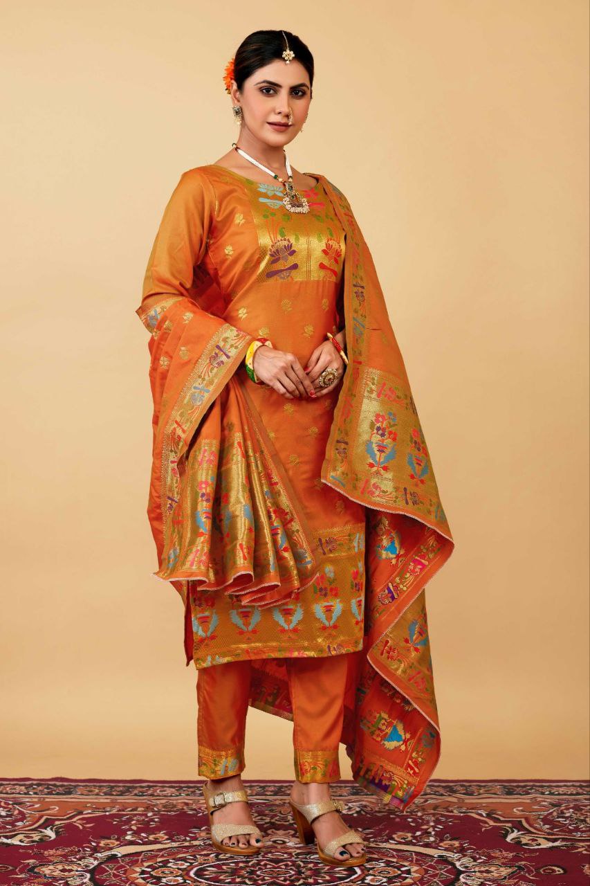 Mustard Weaving Soft Silk Long Length Paithani Suit