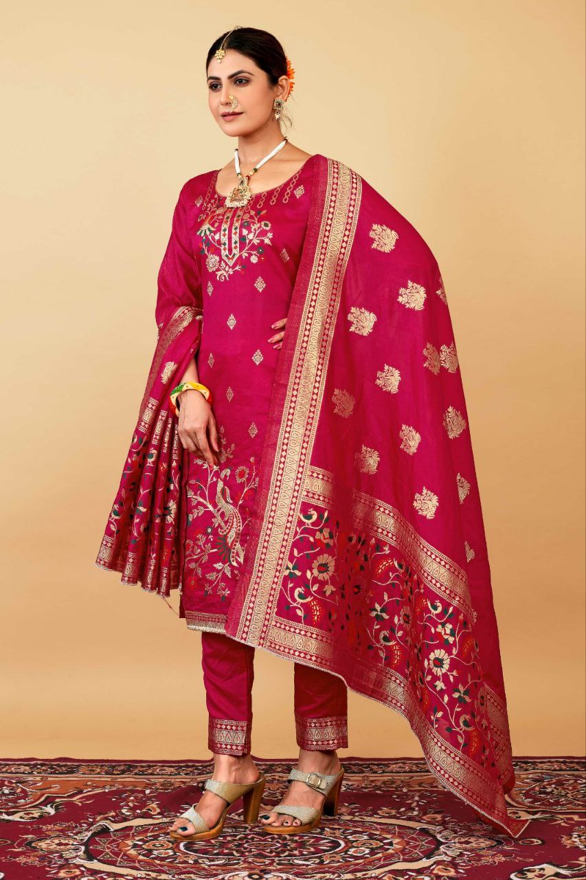 Pink Weaving Soft Dola Silk Long Length Paithani Suit