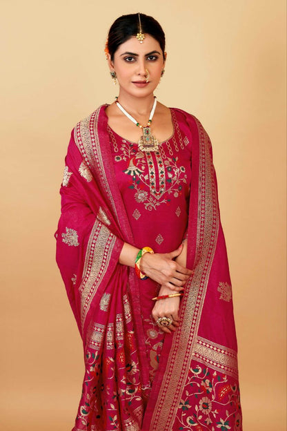 Pink Weaving Soft Dola Silk Long Length Paithani Suit