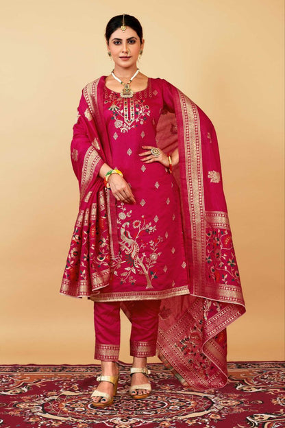 Pink Weaving Soft Dola Silk Long Length Paithani Suit