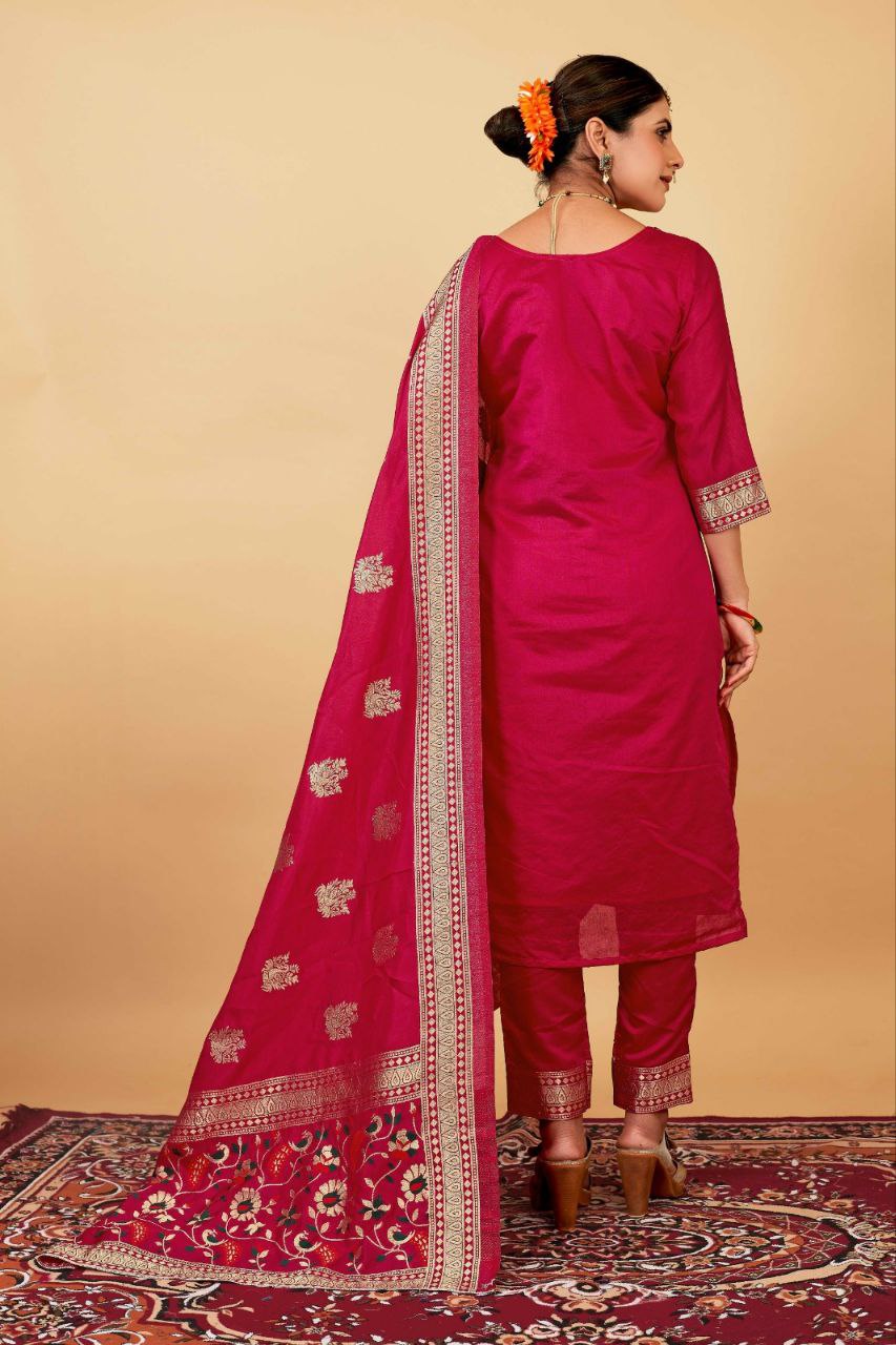 Pink Weaving Soft Dola Silk Long Length Paithani Suit