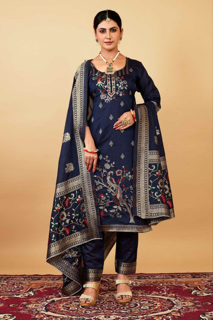 Neavy Blue Weaving Soft Dola Silk Long Length Paithani Suit