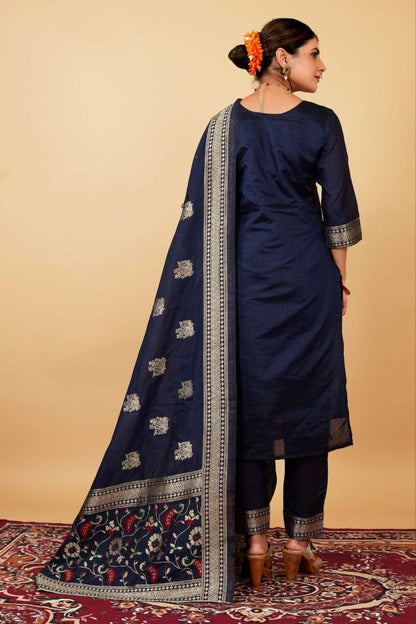 Neavy Blue Weaving Soft Dola Silk Long Length Paithani Suit