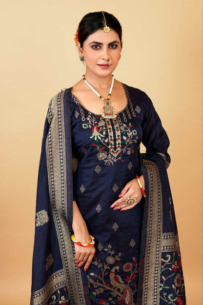 Neavy Blue Weaving Soft Dola Silk Long Length Paithani Suit