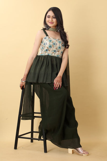 Marvel Mahendi Green Georgette Pleated Heavy Embroidery Thread Sharara Top