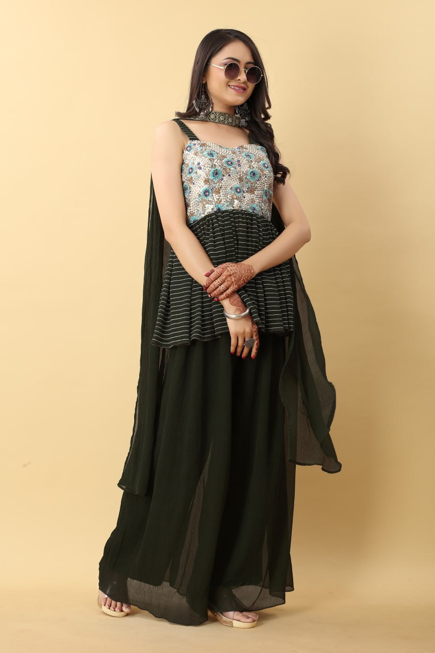 Marvel Mahendi Green Georgette Pleated Heavy Embroidery Thread Sharara Top