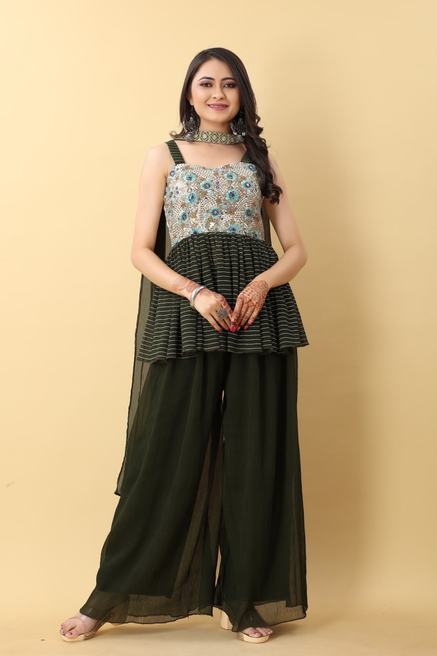 Marvel Mahendi Green Georgette Pleated Heavy Embroidery Thread Sharara Top