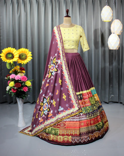 Wine Colour Fancy Digital Printed Work Lahenga Choli With Dupatta