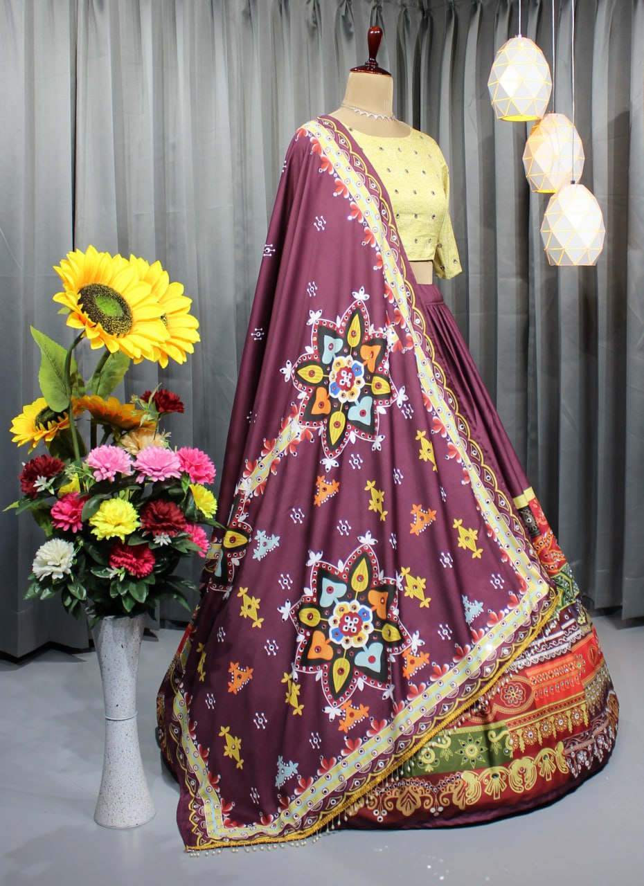 Wine Colour Fancy Digital Printed Work Lahenga Choli With Dupatta