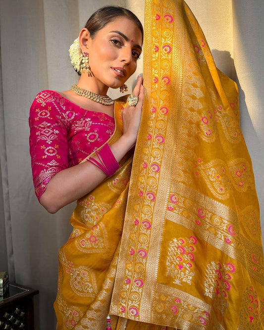 YELLOW PURE SOFT SILK SAREE WITH TWIRLING BLOUSE PIECE