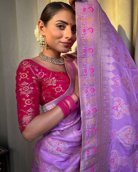 LAVENDER PURE SOFT SILK SAREE WITH TWIRLING BLOUSE PIECE