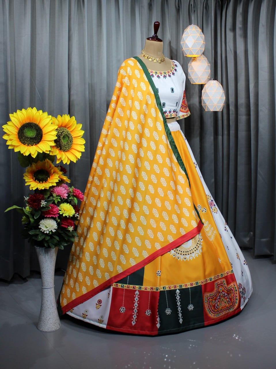 White Colour Fancy Digital Printed Work Lahenga Choli With Dupatta