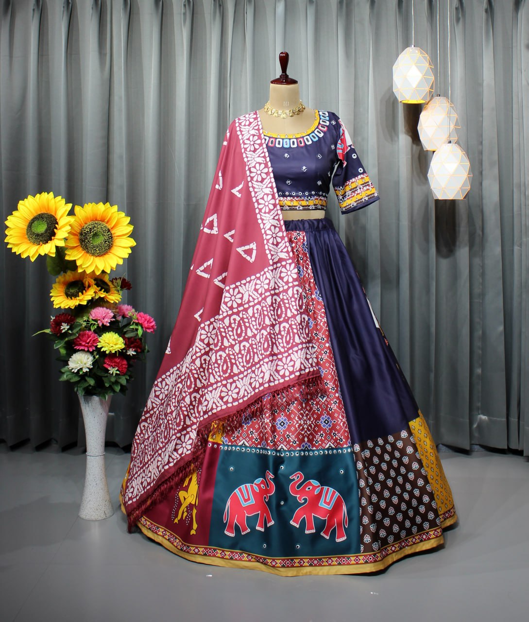 Navy Blue Colour Fancy Digital Printed Work Lahenga Choli With Dupatta