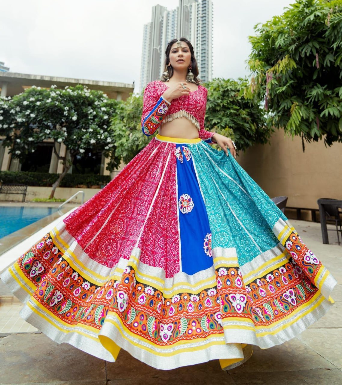 Pink Blue Colour Fancy Digital Print Work And Real Mirror Work Navratri Lehenga Choli