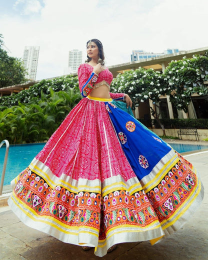 Pink Blue Colour Fancy Digital Print Work And Real Mirror Work Navratri Lehenga Choli