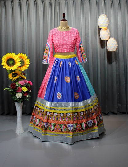 Pink Blue Colour Fancy Digital Print Work And Real Mirror Work Navratri Lehenga Choli