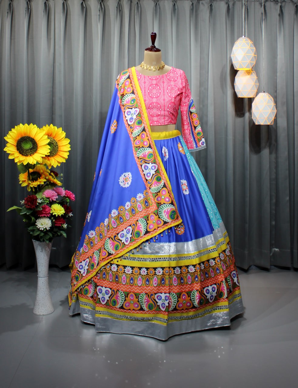 Pink Blue Colour Fancy Digital Print Work And Real Mirror Work Navratri Lehenga Choli