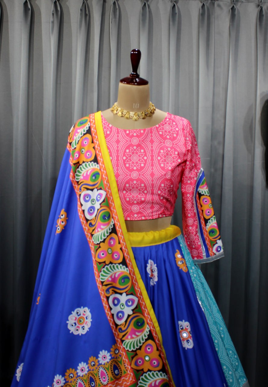 Pink Blue Colour Fancy Digital Print Work And Real Mirror Work Navratri Lehenga Choli