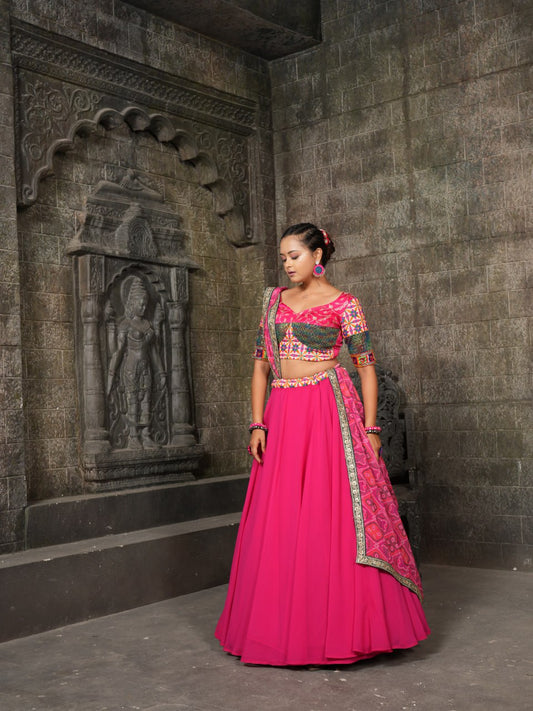 Pink  Colour Thread Embroidery Work Navratri Special Lehenga Choli Full Stiched