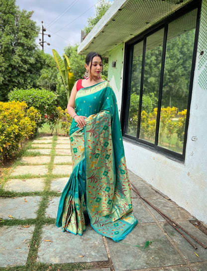 Dark Cyan Paithani Big Border Woven Saree