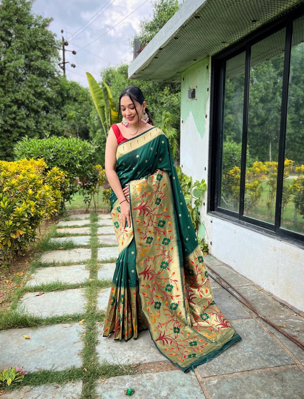 Dark Green Paithani Big Border Woven Saree