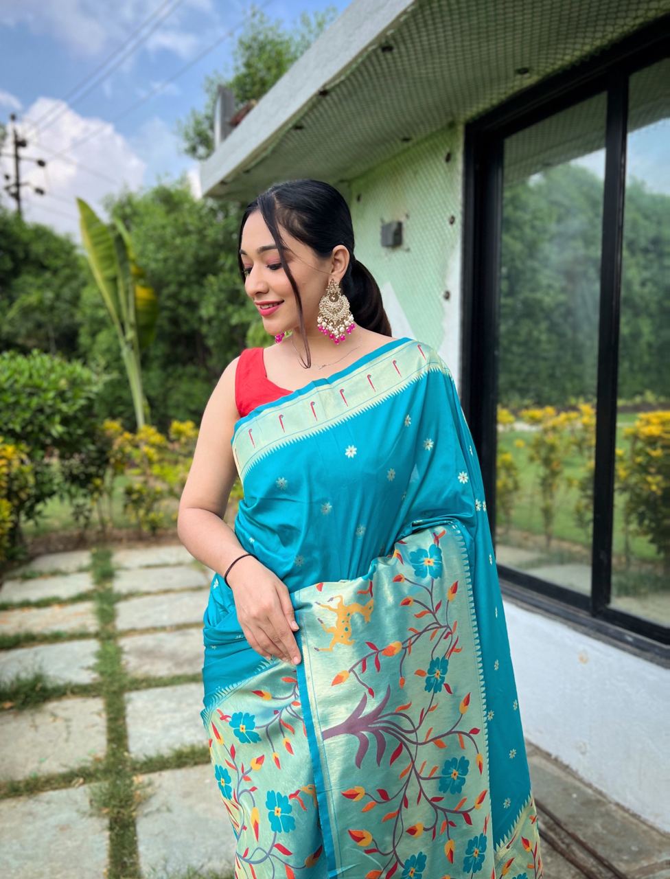 Cerulean Blue Paithani Big Border Woven Saree