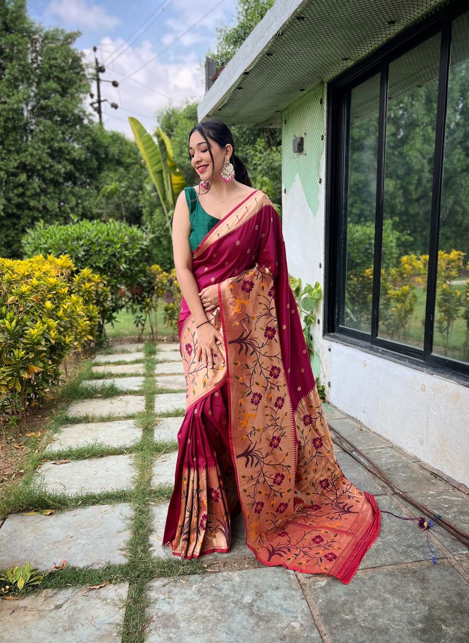 Magenta Wine Paithani Big Border Woven Saree