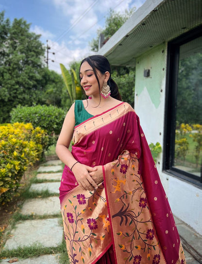 Magenta Wine Paithani Big Border Woven Saree