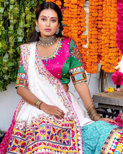 White Pink Colour Fancy Digital Print Work And Real Mirror Work Navratri Lehenga Choli