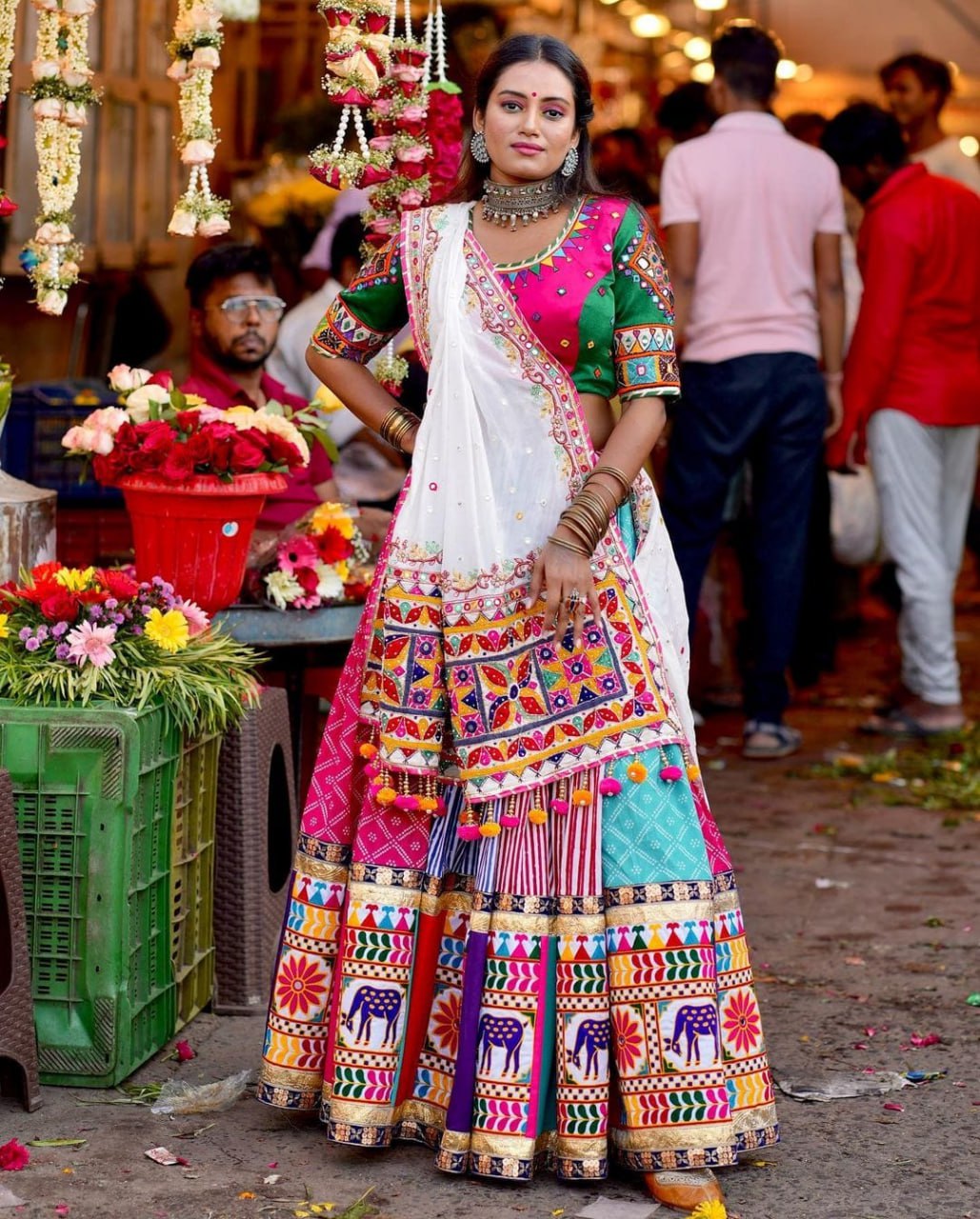 White Pink Colour Fancy Digital Print Work And Real Mirror Work Navratri Lehenga Choli