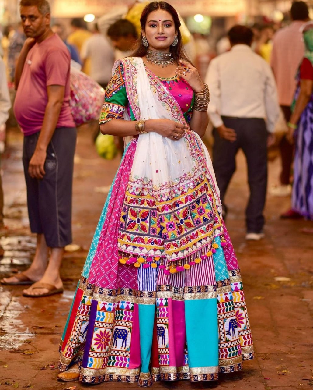 White Pink Colour Fancy Digital Print Work And Real Mirror Work Navratri Lehenga Choli