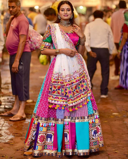 White Pink Colour Fancy Digital Print Work And Real Mirror Work Navratri Lehenga Choli