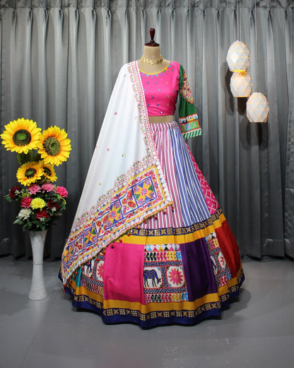 White Pink Colour Fancy Digital Print Work And Real Mirror Work Navratri Lehenga Choli