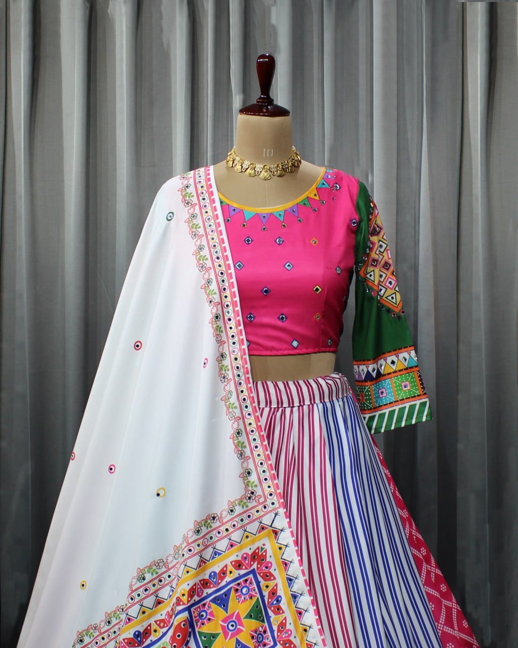 White Pink Colour Fancy Digital Print Work And Real Mirror Work Navratri Lehenga Choli