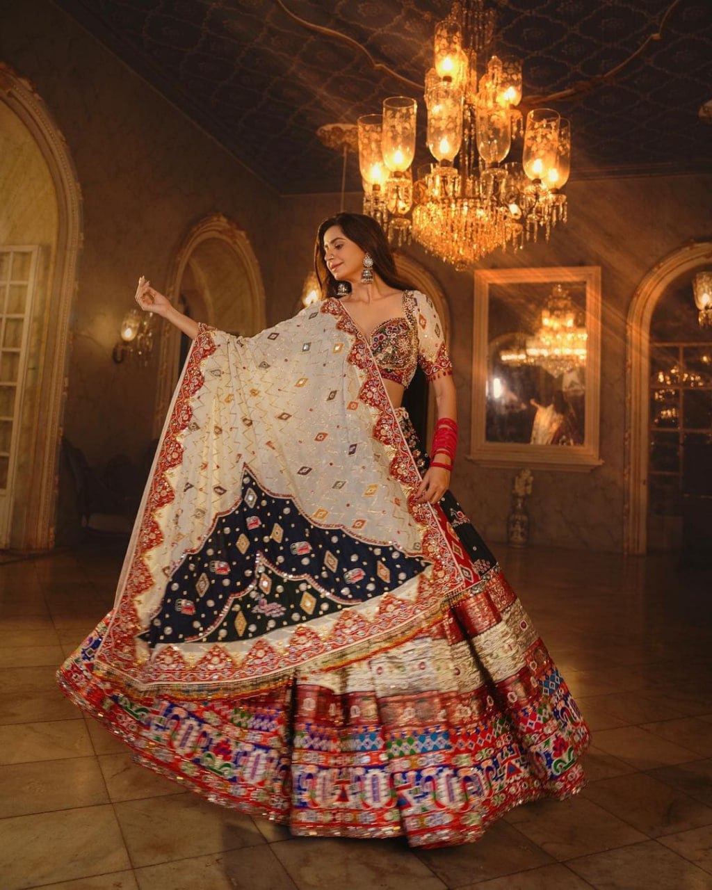 Off White Colour Fancy Digital Print Work And Real Mirror Work Navratri Lehenga Choli