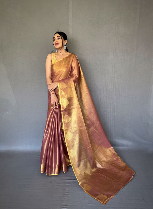 Copper Brown Banarasi Tissue Silk Zari Woven Saree