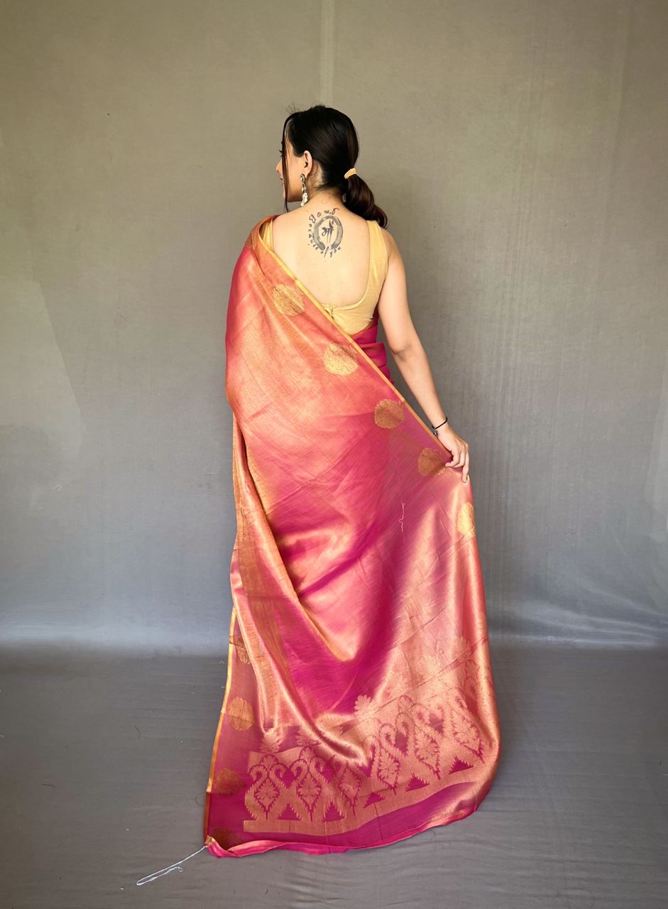 Deep Rose Pink Banarasi Tissue Silk Zari Woven Saree