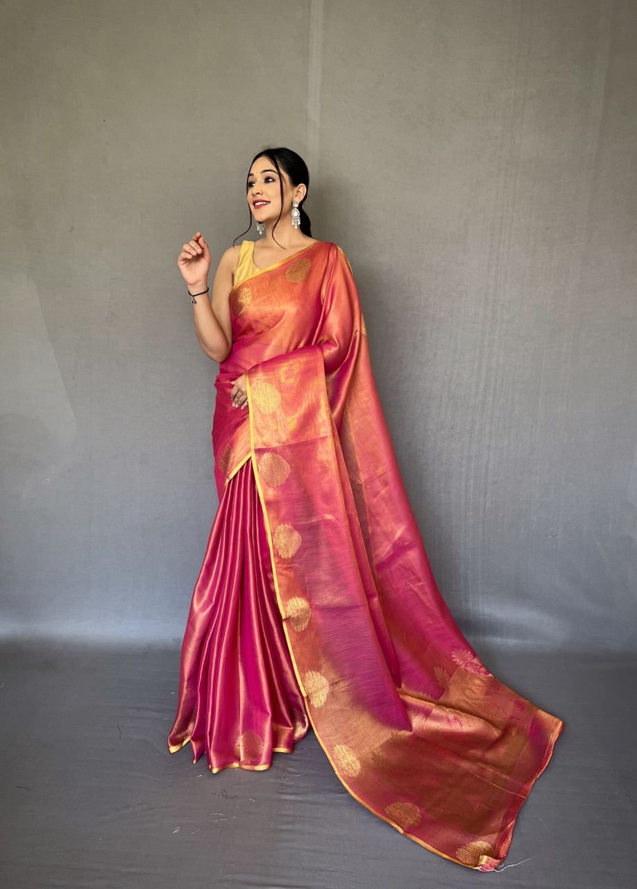 Deep Rose Pink Banarasi Tissue Silk Zari Woven Saree