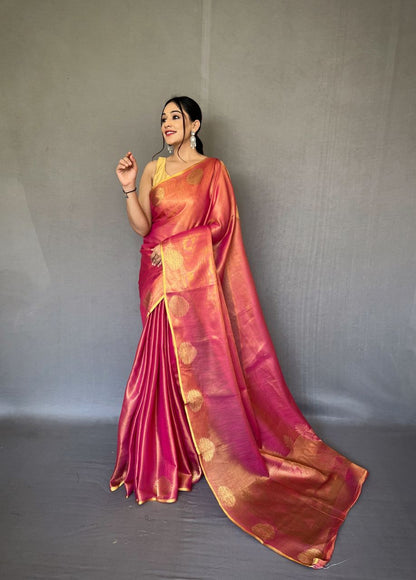 Deep Rose Pink Banarasi Tissue Silk Zari Woven Saree