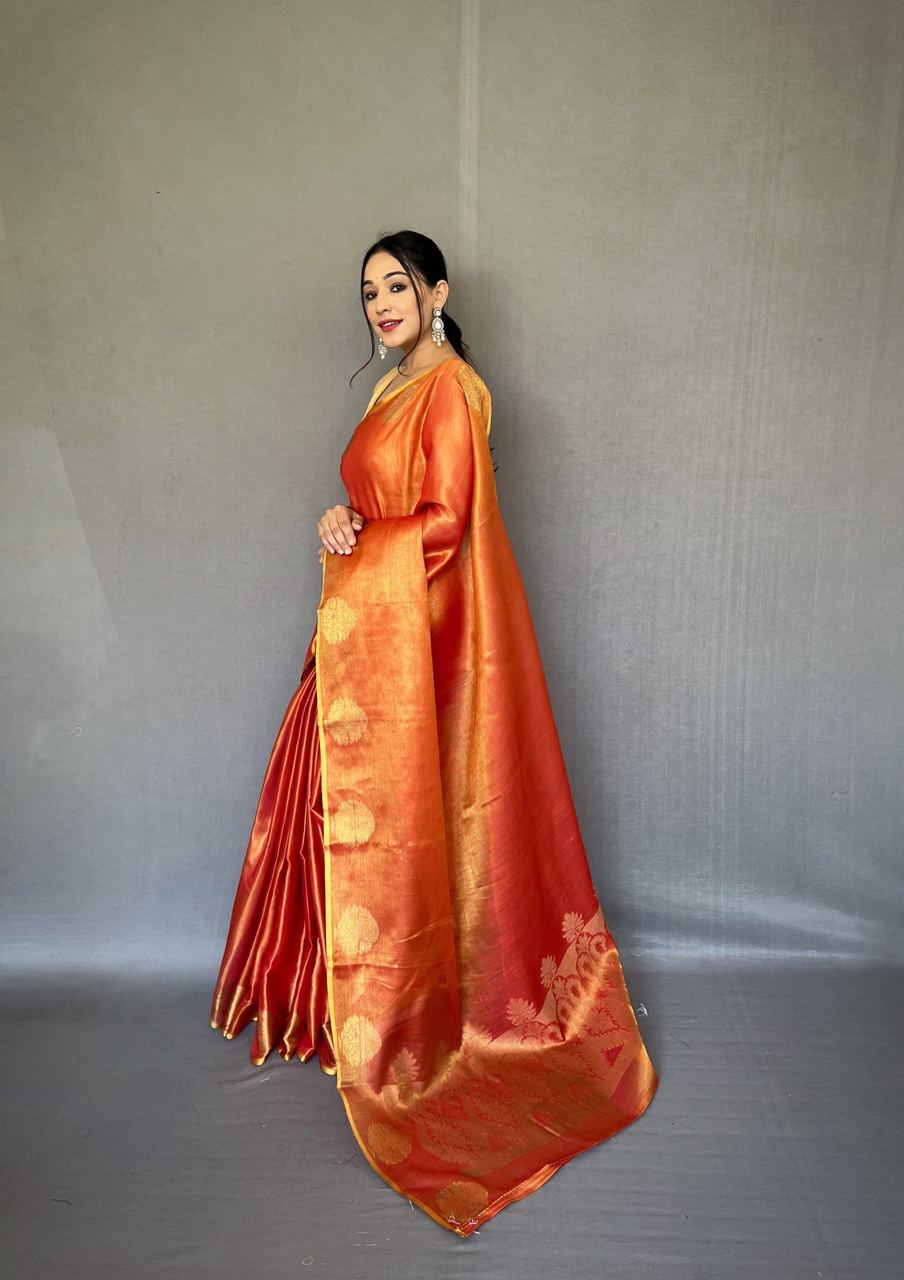 Rust Orange Banarasi Tissue Silk Zari Woven Saree