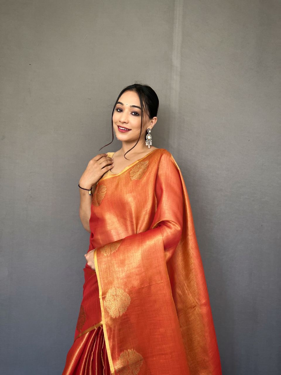 Rust Orange Banarasi Tissue Silk Zari Woven Saree