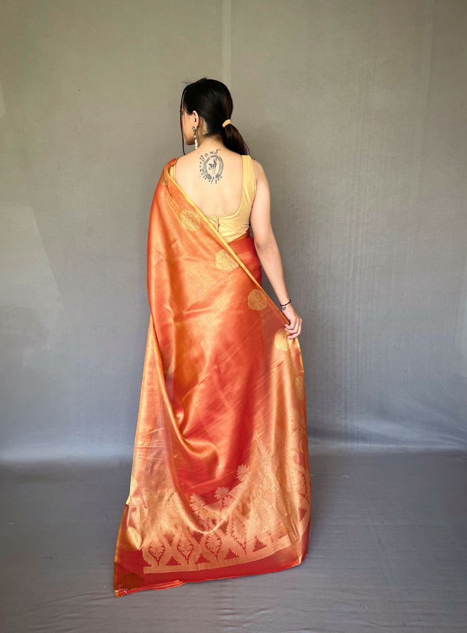 Rust Orange Banarasi Tissue Silk Zari Woven Saree