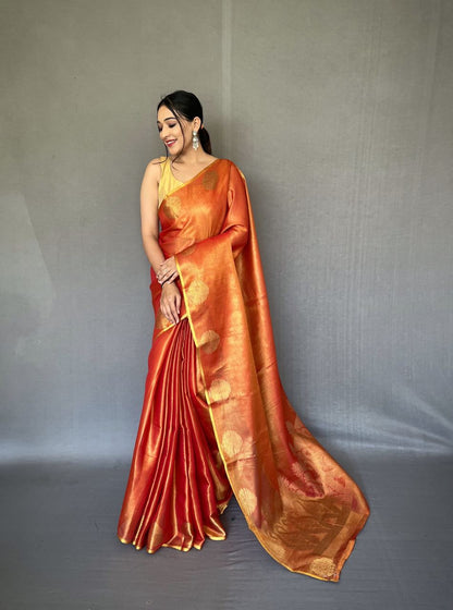 Rust Orange Banarasi Tissue Silk Zari Woven Saree