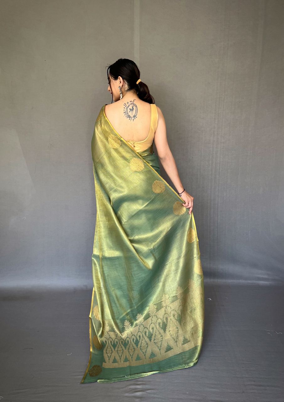 Olive Green Banarasi Tissue Silk Zari Woven Saree